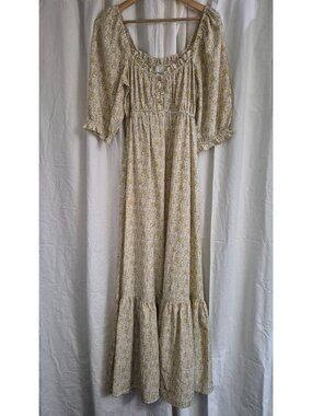 Elloh Medium Cream Floral Maxi Cottage Peasant Spring Summer Wedding Church Dres